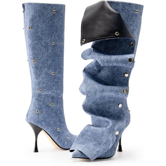 Women's Blue Suede Detachable Snap-off Panel Fold Over Fall Shark Boots - Picture 2 of 7